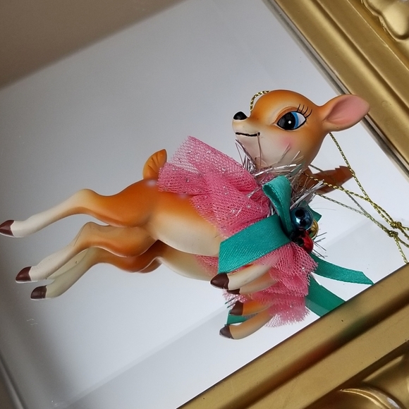 ❗MCM Style Retro Deer Holiday Ornament with Pink Tool and Tinsel❗ - Picture 4 of 4